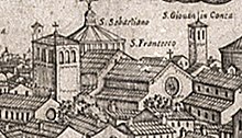 16th century engraving showing a church in an urban setting