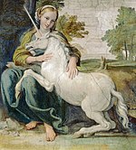 Jeune fille vierge et licorne, détail d'une fresque attribuée à Domenico Zampieri, 1604 – 1605, palais Farnèse à Rome.