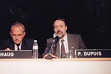 Thomas Haug (first GSM president) and Philippe Dupuis (second GSM president) during a GSM meeting in Belgium, April 1992 Dupuis Haug GSM around 1990.jpg