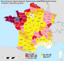 Carte de France couleur avec gradient de couleur en fonction du nombre d'exploitations laitières. La partie la plus importante va de la Vendée au Nord, en passant par Bretagne, Pays de la Loire, Normandie et Hauts-de-France.