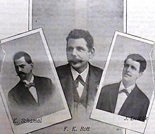 Předsednictvo Společenstva hotovitelů hudebních nástrojů v Praze v roce 1895. Zleva: K. Schamal, F. K. Rott a J. Dvořák