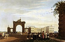 Stadsgezicht op Calcutta uit 1819, grote aantallen Indische maraboes zijn duidelijk waarneembaar