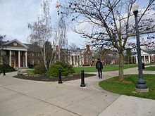 Fraternity quadrangle Fraternity quad and flag at the University of Rochester.jpg