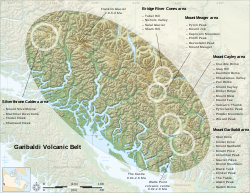The location and extent of the Garibaldi Volcanic Belt, showing its isolated volcanoes and related volcanic features.