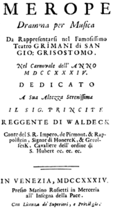 Geminiano Giacomelli – Merope – Titelseite des Librettos – Venedig 1734