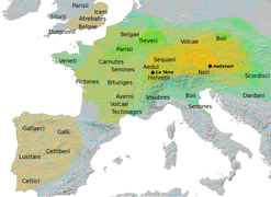Vue générale des cultures du Hallstatt, -800 à -500 av. J.-C., (Jaune) et de La Tène, -450 à -50 av. J.-C., (vert).