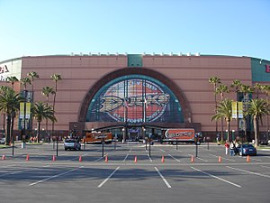 An exterior view of Honda Center before a play...