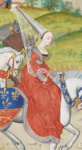 Isabelle de France, dans une miniature attribuée à Loyset Liédet tirée d’une copie de 1470 des Chroniques de Jean Froissart.