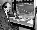 Jack Brickhouse in the press box getting ready to announce a Chicago White Sox game for WGN TV at Comiskey Park, in 1948