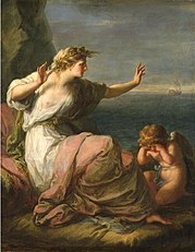 Image shows Ariadne kneeling with both arms raised, one bent towards her face and one reaching out to the sea. She is turned toward the sea where Theseus's ship is sailing away. She is draped in a sheer white dress with one breast exposed and a leaf crown sits on her head. There is a crying cherub on the ground next to her with its fists rubbing its eyes.