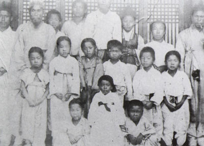 언더우드 학당 시절 (1888년경), 맨 앞줄 가운데가 김규식