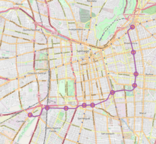 Map of Line 6. Runs east and then north around outskirts of central Santiago