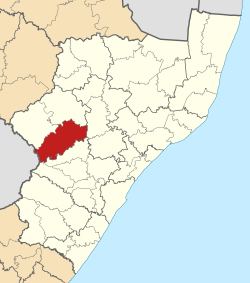 Kaart van Suid-Afrika wat Inkosi Langalibalele in KwaZulu-Natal aandui