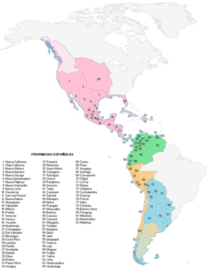 The Americas towards the year 1800, the colored territories were considered provinces in some maps of the Spanish Empire. Mapa de la America espanola (1800).png