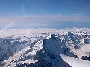 Aoraki/Mount Cook as seen from SSW flying at a...