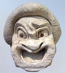 Theatre mask of a First slave in Greek comedy, 2nd century BC, National Archaeological Museum of Athens NAMA Masque esclave.jpg