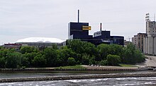 Hubert H. Humphrey Metrodome (left), the Guthrie, the Mill City Museum (right) on the Mississippi River New Guthrie riverview.jpg