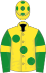 Yellow, large green spots, green sleeves, yellow armlets, yellow cap, green spots