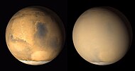 2001年6月无沙尘暴的火星（左）和2001年7月火星全球探勘者号所见到的全球沙尘暴的火星（右）。