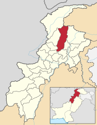Swat District, highlighted red, shown within the province of Khyber Pakhtunkhwa