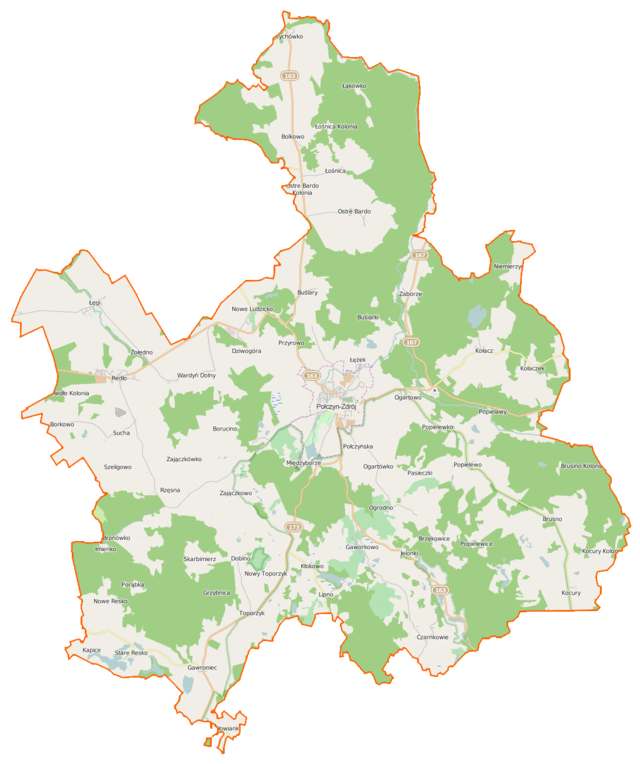 Mapa konturowa gminy Połczyn-Zdrój, w centrum znajduje się punkt z opisem „Połczyn-Zdrój”