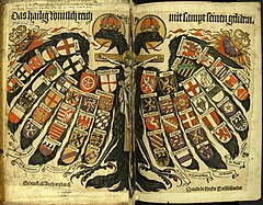 The double-headed eagle with coats of arms of individual states, the symbol of the Holy Roman Empire (painting from 1510) Quaterionenadler David de Negker.jpg