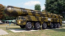 A medium-range SS-20 non-ICBM ballistic missile, the deployment of which by the Soviet Union in the late 1970s launched a new arms race in Europe when NATO responded by deploying Pershing II missiles in West Germany, among other things RSD-10 2009 G1.jpg