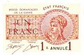 Tiền giấy có mệnh giá 1 franc "Mines domaniales de la Sarre" 1919 (mặt trước)