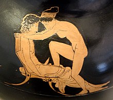 Erotic scene on an oinochoe by the Shuvalov Painter, circa 430 BCE. Berlin: Altes Museum. Shuvalov Painter erotic scene Antikensammlung Berlin F2414.jpg