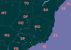 Mapa mostrando as ocorrências confirmadas de S. langsdorfii em pontos amarelos.[6]