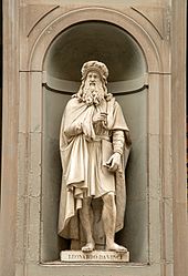 Statue outside the Uffizi, Florence, by Luigi Pampaloni (1791-1847) Statue of Leonardo DaVinci in Uffizi Alley, Florence, Italy.jpg