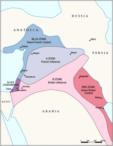 Map 2: Zones of French and British influence and control proposed in the 1916 Sykes-Picot Agreement during World War I Sykes-Picot-1916.gif