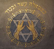 Position in which a Jewish kohen places his hands and fingers during the Priestly Blessing, detail of a mozaic in the Synagoge of Enschede, Netherlands Synagoge, Enschede, Mozaiek.jpg