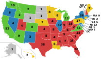 Partisan control of congressional redistricting after the 2020 elections, with the number of U.S. House seats each state will receive.
.mw-parser-output .legend{page-break-inside:avoid;break-inside:avoid-column}.mw-parser-output .legend-color{display:inline-block;min-width:1.25em;height:1.25em;line-height:1.25;margin:1px 0;text-align:center;border:1px solid black;background-color:transparent;color:black}.mw-parser-output .legend-text{}
Democratic control
Republican control
Split or bipartisan control
Independent redistricting commission
No redistricting necessary USCongressionalRedistrictingPartisanControl2020.svg