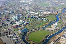 Aerial photograph of the campus in 2011, with proposed new buildings added digitally University of Salford, aerial 2011.jpg