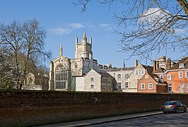 View from the Northeast (College Street): Fromond's Chantry (inside Cloisters) on left, then Chapel, outside of Chamber Court, and (in red brick) the Warden's Lodgings.