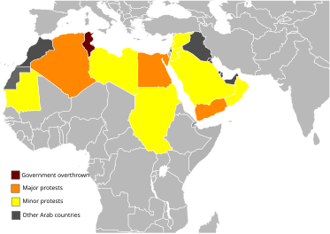 Map of 2011 Arab Spring Protests 2010-2011 Arab Protests Map with Legend.svg