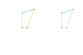 Construction of the moving centrode for a 4-bar linkage: The cyan link indicates the link the centrode (orange) is drawn relative to. An additional diagram is shown on the right to show the cyan link fixed in place for reference.
