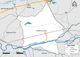 Carte en couleur présentant le réseau hydrographique de la commune