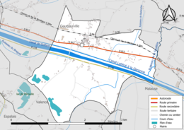 Carte en couleur présentant le réseau hydrographique de la commune