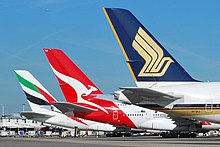 Singapore Airlines, Qantas, and Emirates A380 tails at Heathrow Airport A380 tails at Heathrow.jpg