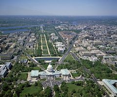 The Mall in Washington, D.C., including the United States Capitol in the foreground and the Washington Monument in the background Aerial view from above the U.S. Capitol 17213v.jpg