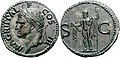 Rímske mince s tvárou Agrippu a rímskeho boha Neptúna