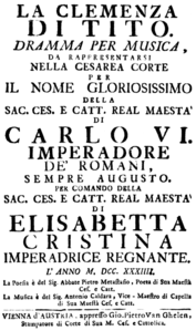Antonio Caldara – La clemenza di Tito – Titelseite des Librettos – Wien 1734