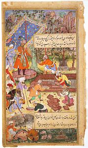 Bahçe yapımı sırasında denetleyen Babür ve Hümayun Divanda , Şahcihan Albümü, Hindistan, Moğol Dönemi, 1650 civarı.