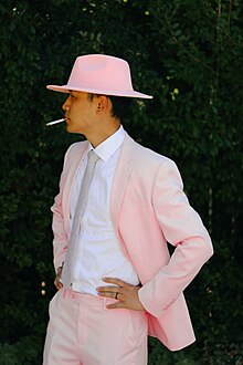 A man in a Halloween costume as the Barbenheimer phenomenon that resulted from the films Barbie and Oppenheimer sharing the same July 21, 2023 release date. Barbenheimer Halloween Costume.jpg