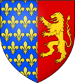 Blason fr fam Tournon: (Dauphiné): per pale France ancient and gules a lion passant or. This family is mentioned in the 11th century and has a continuous line of descent since the 14th c. The origin of the France ancient coat is unknown, and it was assumed that it was a royal grant. The main line died in 1644, the Tournon-Simiane branch died in 1912. (see Heraldica, Azure 3 Fleurs-de-Lis Or, Augmentations of Honor)