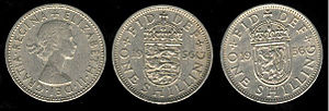 1956 Elizabeth II UK shilling showing obverse ...