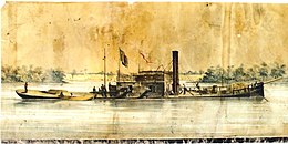 Barroso, a Brazilian ironclad of the central casemate type, the first vessel to dash past the Fortress of Humaita on the River Paraguay Buque Barroso (1865).jpg