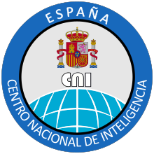 un logo de couleur bleu avec les emblèmes de l'Espagne au centre